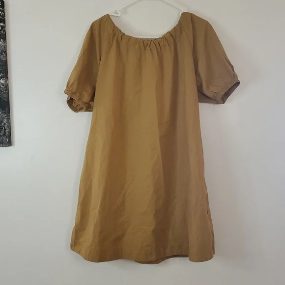 Madewell Poplin Puff Sleeve Mini Dress Size Small Tie Neck Pockets Neutral Toffe - Picture 4 of 13